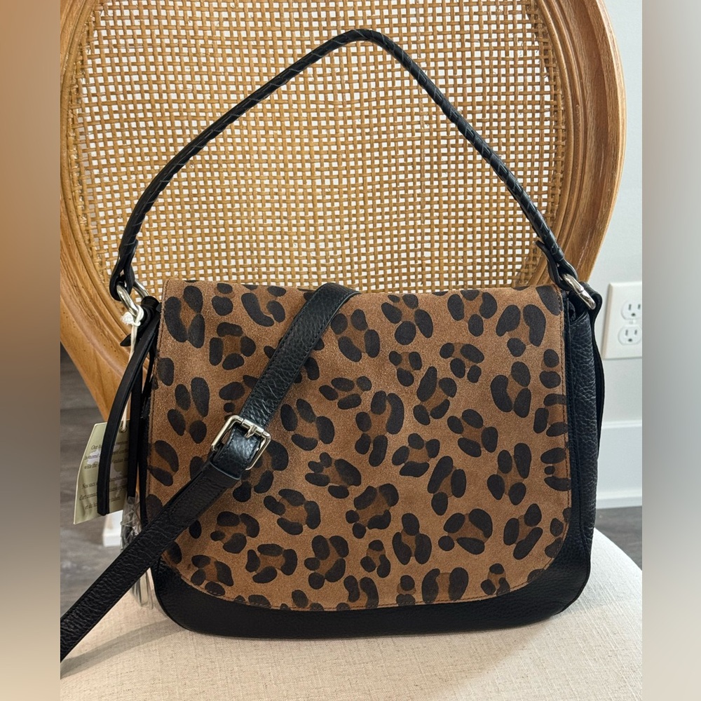 INNUE Italian Leather Suede Leopard Print Shoulder Bag Crossbody Strap NEW